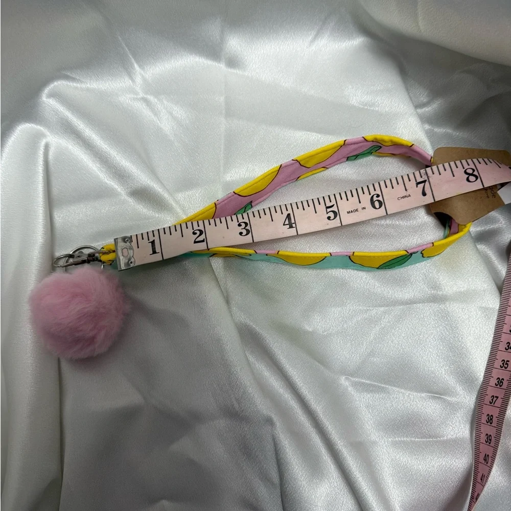 Handmade Colorful Lemon Wristlet Keychain with Light Pink Pompom